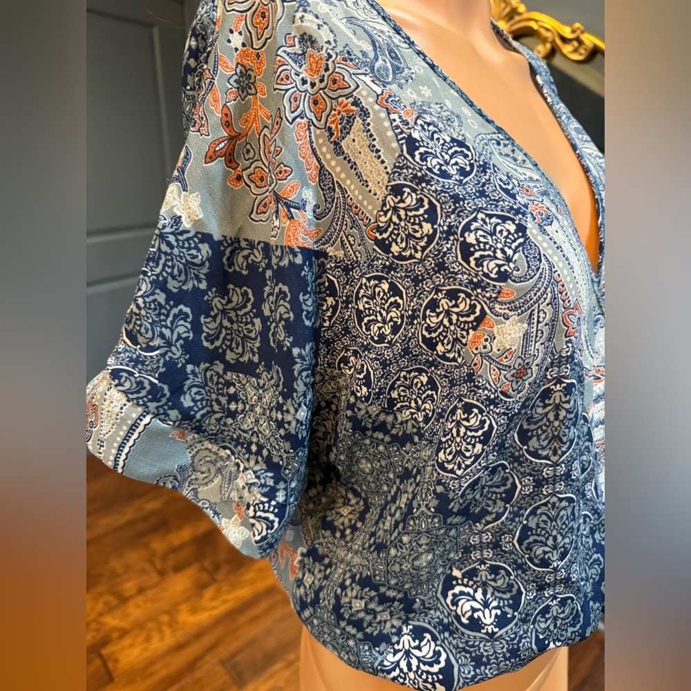 Blue Paisley Wrap Top Tie Waist Short Sleeve Boho Crop Blouse Small Paper Crane - Picture 2 of 7